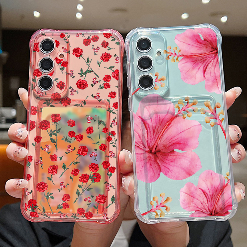 Phone Accessories Red - Red Flower Print Card Pocket Phone